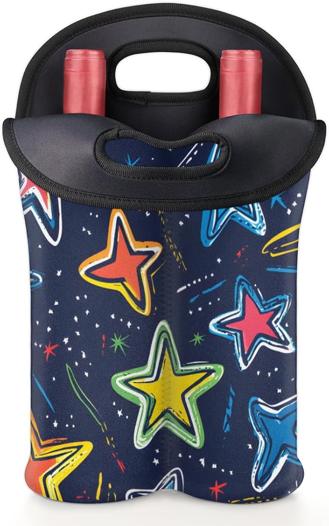 Neoprene Wine Tote, Bottle Carrier Gag Insulating Neoprene Thicker, Insulated Wine Bag for Travel Holds Two Bottles, Bottle Carrier Bags Protect the Bottles, Colorful Stars