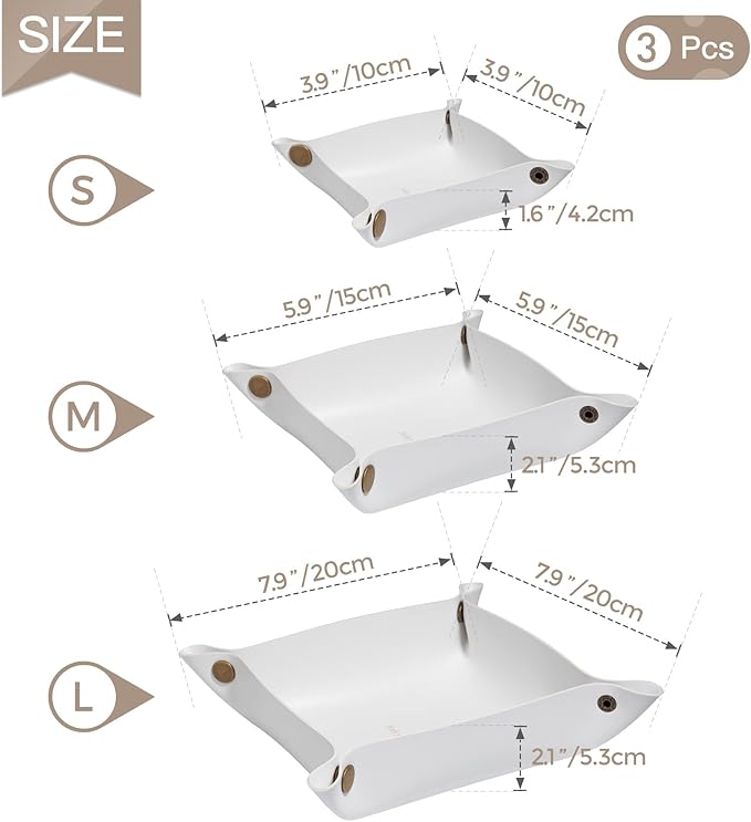 Leather Valet Tray, Premium Catchall Trays, Jewelry Trays, Decorative Desk Organizer,Folding Travel Organizer,Office/Home Organization Trays (Large Medium and Small, 3PCS)(White)