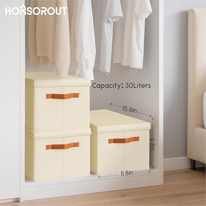 Storage Bins with Lids - Large Fabric Closet Bins with Lid, 6 Pack Clothes Organizers and Storage, Collapsible Stackable Cube Basket for Home, Office, Dorm, Beige