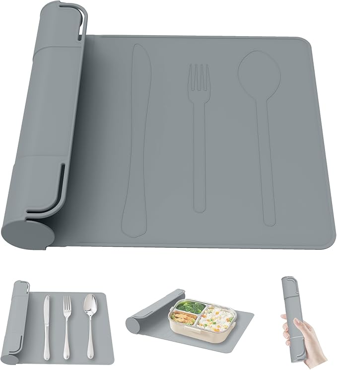 Utensil Box, Tableware Silicone Portable Box Silverware mat, Suitable for Kitchen Utensils, Portable Outdoor Camping Spoon Fork Utensils Storage mat (Gray)