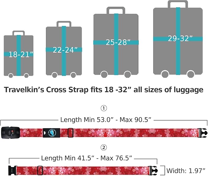 Travelkin Luggage Straps TSA Approved - Adjustable Cross Suitcase Straps with TSA Lock, Reinforced Buckle, Unique Pattern - Secure Heavy Duty Luggage Straps for Travel (Sakura)