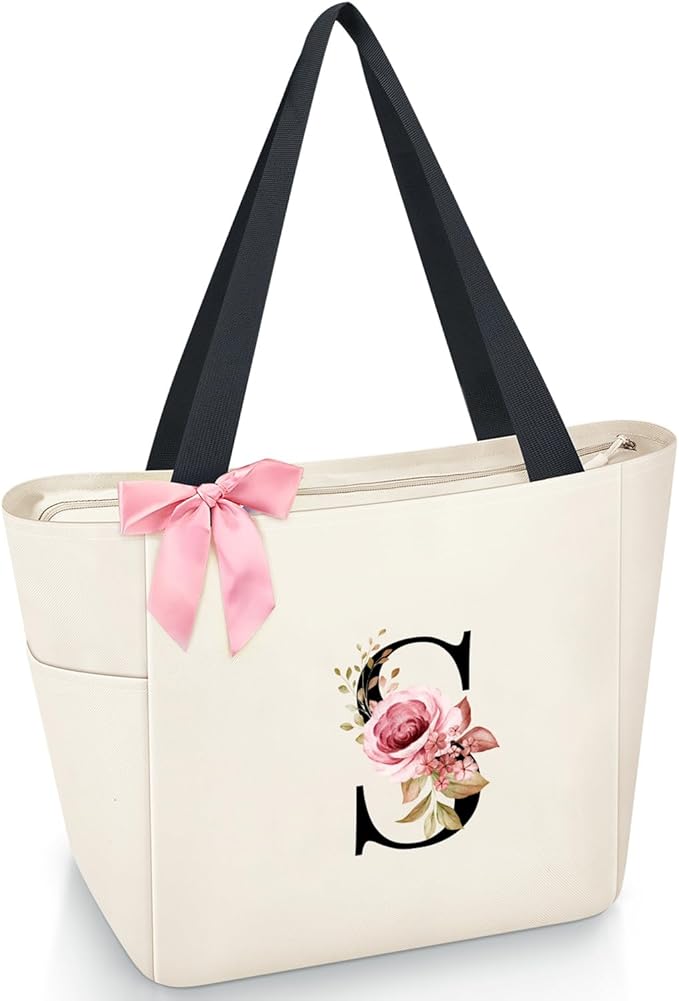 Vavabox Tote Bag, A-Z Initial Monogrammed Waterproof Tote Bag, Bridesmaid Gifts for Women, Black and Pink
