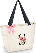 Vavabox Tote Bag, A-Z Initial Monogrammed Waterproof Tote Bag, Bridesmaid Gifts for Women, Black and Pink
