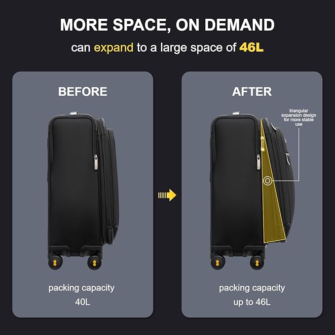 LEVEL8 Carry On Luggage with Compartment, 20 Inch Softside Expandable Travel Rolling Suitcase with Spinner Wheels, Tsa Locks, Men and Women, Black