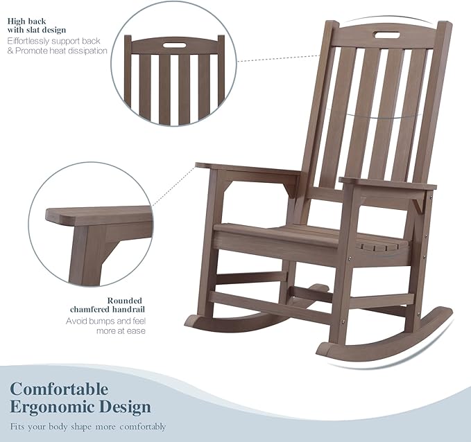 Psilvam Oversized Outdoor Rocking Chair Set of 2, Porch Rocker with 21" Wide Seat and 32" Tall Backrest, Pre-Assembled with Most Components for Effortless Installation (Brown)