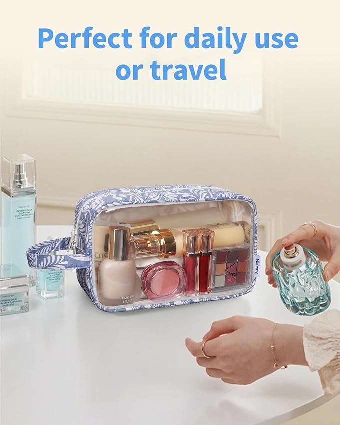 Narwey Clear Toiletry Bags for Traveling Women Men, Clear Travel Bags for Toiletries Makeup Bag Cosmetic Bag with Zipper, Make Up Organizer, Skincare Bag (Blue Leaf)