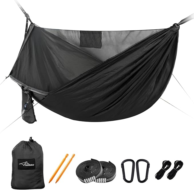 Camping Hammock with Mosquito Net and Ridge Rope, Extra Large for 2 Person, Lightweight Hanging Hammocks Tree Straps, All-in-one Fast Open Hammock for Outside, Hiking, and Travel