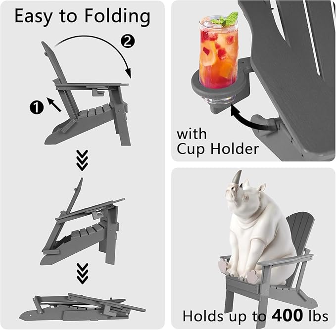 Folding Adirondack Chair - Extended Ergonomic Backrest, Cup Holder - Easy Assembly - Durable HDPE Plastic, Weather Resistant & Maintenance-Free - Lawn, Patio, Deck Supports 380lbs Grey