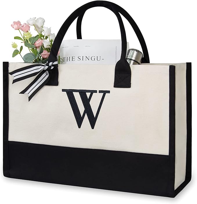TOPDesign Embroidery Initial Canvas Tote Bag, Personalized Present Bag, Suitable for Wedding, Birthday, Beach, Holiday, is a Great Gift for Women, Mom, Teachers, Friends, Bridesmaids (Letter W)