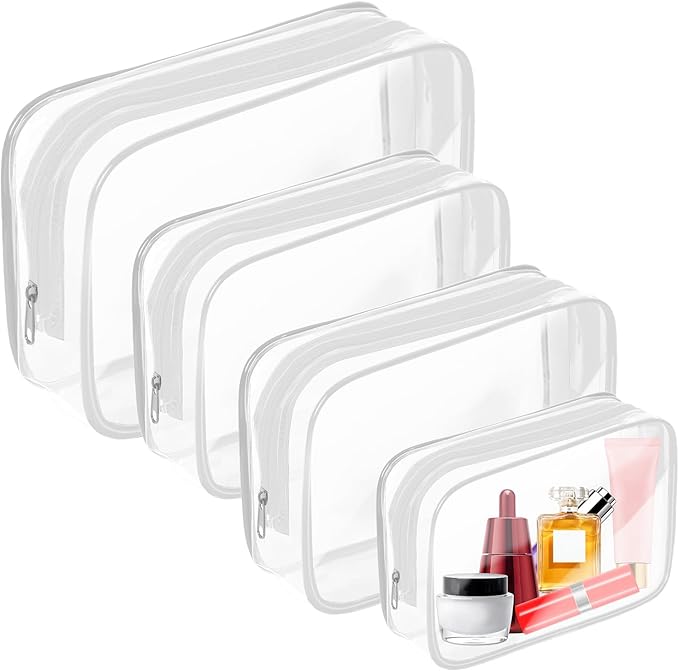 AURUZA 4 Pack Clear Toiletry Bag, Portable Travel Makeup Pouch with Zipper, TSA Approved Organizer, PVC Cosmetic for Airport Airline Compliant