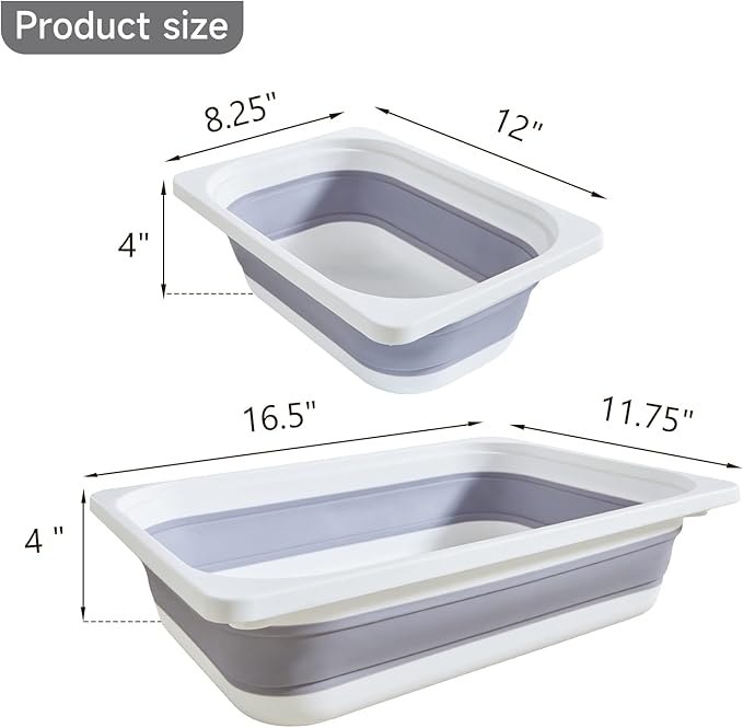 Beright 2 Pack Storage Bins, Collapsible Wash Basin Folding Dish Tub Sink, Space Saving for Dishing, Fruit, and Camping, Hiking and Home, Grey, 2 in 1 Set