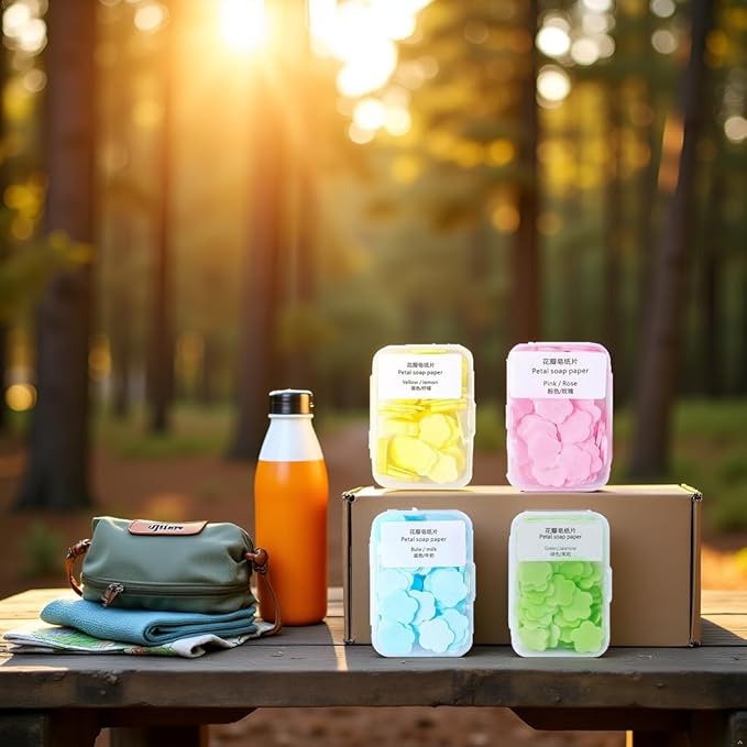 4 Boxes Paper Soap, 4 Different Scented Mini Fresh Portable Disposable Petal Hand Wash Sheets, Dissolvable Hand Bath Soap, Suitable for Outdoor, Travel, Camping (Approx 400 Sheets)