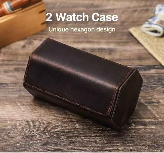 Genuine Leather Watch Roll Travel Case, Vintage Full Grain Leather Hexagon Watches Storage Organizer with Display Removable Pillows & Solid Dividers for Home Storage &Display (2 Slot)