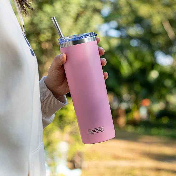 koodee 20 oz Stainless Steel Skinny Tumblers (4 Pack) Double Wall Insulated Water Tumbler Cup with Lids, Straws and Straw Brushes (Teal/Purple/Pink/Black)