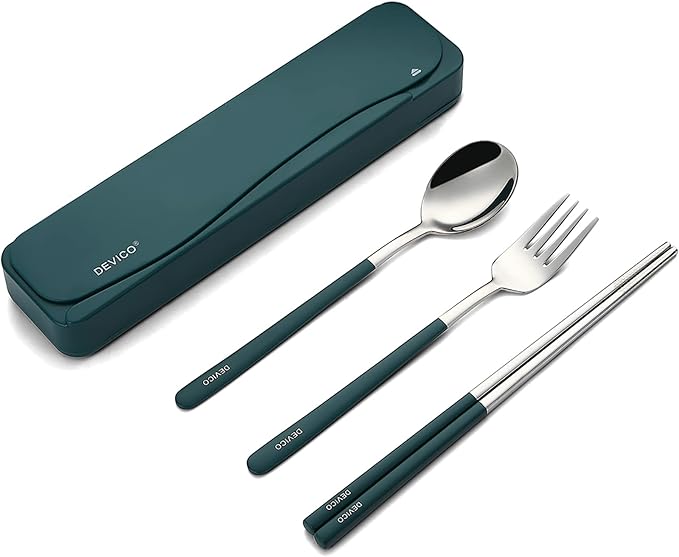 DEVICO Travel Utensils, 18/8 Stainless Steel Portable Reusable Camping Silverware Cutlery Flatware Set, 4-Piece Include Fork Spoon Chopsticks with Case (Dark Green)