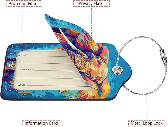 Colorful Elephant 2-Pack Luggage Tags for Suitcases,Leather Baggage Tag with Loop, Tags Private Name ID Labels for Women Girl Men Boys Travel Baggage Suitcase