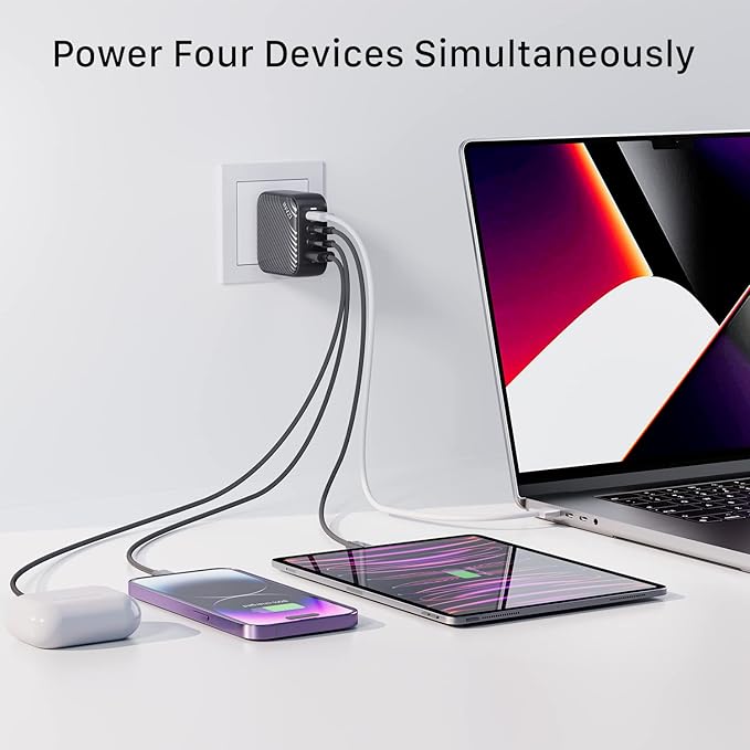 INVZI GaNHub 100W USB C Charger Multiport, GaN III 4-Port USB Charging Station Fast Charger Power Adapter for MacBook Pro Air, iPad Pro, Dell XPS, Galaxy S24, iPhone16/15/Pro, Note 20/10+, Pixel