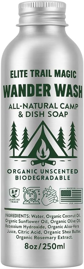 Wander Wash -Biodegradable Camp & Dish Soap Unscented | Made in USA | Organic All-Purpose Camping Gel Soap for Dishes, Hands & Gear – Eco-Friendly Reusable Aluminum Bottle | (8oz) (8floz/250ml)
