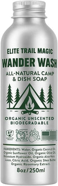 Wander Wash -Biodegradable Camp & Dish Soap Unscented | Made in USA | Organic All-Purpose Camping Gel Soap for Dishes, Hands & Gear – Eco-Friendly Reusable Aluminum Bottle | (8oz) (8floz/250ml)