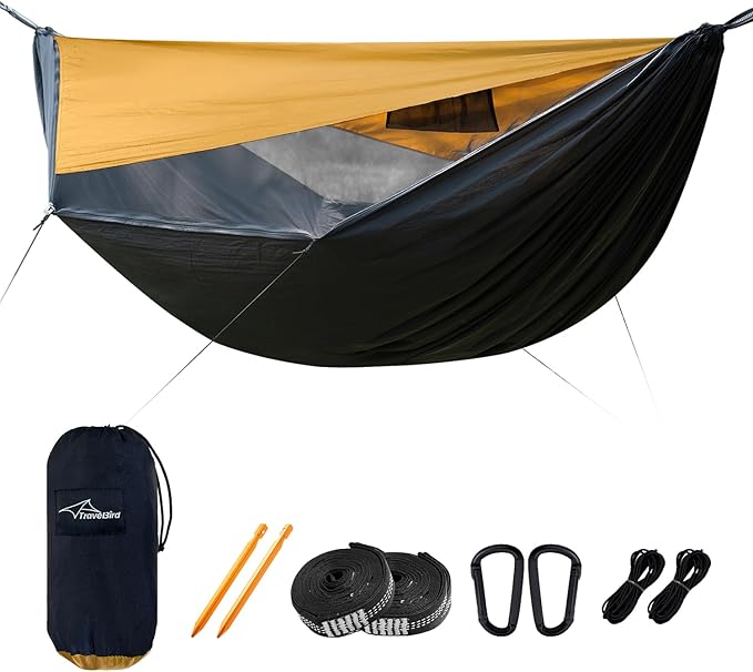 Camping Hammock with Mosquito Net and Sunshade, Backpacking Hammock with Ridge Rope Tree Straps, Lightweight Portable Hammocks for Outside, Hiking, and Travel