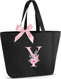 Vavabox Tote Bag, A-Z Initial Monogrammed Waterproof Tote Bag, Bridesmaid Gifts for Women, Black and Pink