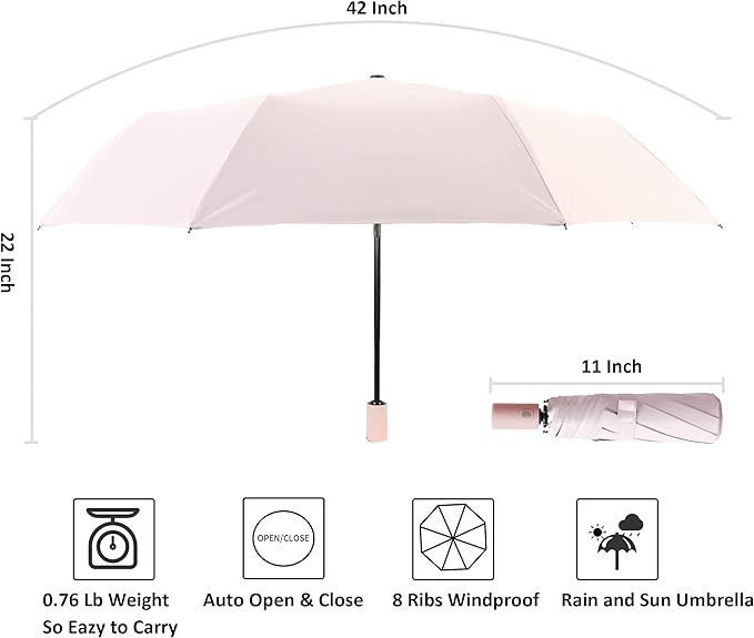 BAODINI Small UV Protection Travel Umbrella Compact for Rain and Sun UPF 50+ 41 inch Portable Umbrella for Women and Men