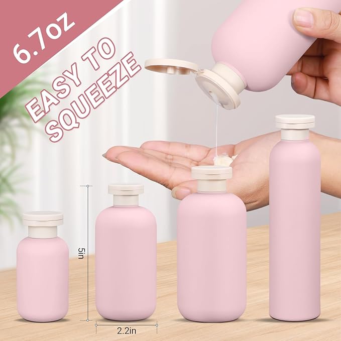 ASEVAT 6.7oz 4Pcs Plastic Refillable Travel Shampoo & Conditioner Bottles With Flip Cap