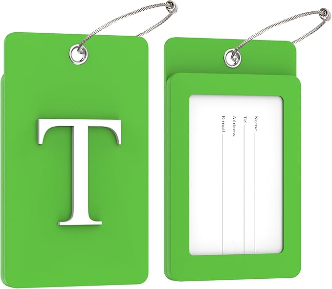 Gostwo 2 Pack Luggage Tags for Suitcases, 26 Initial Letter Travel Luggage Baggage Identification Labels ID Tag Fully Bendable Tags with Stainless Steel Loop (Green) (Letter T)