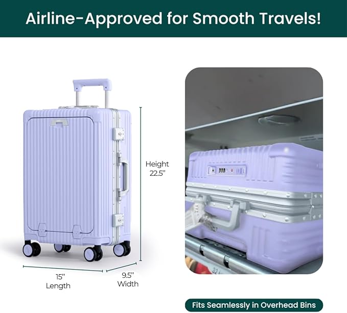 Nobl Travel Carry On Luggage, Noble Zipperless Aluminum Frame PC Hard Shell Suitcase, 22.5x15x9.5 Airline Approved, 360° Spinner Wheels, TSA Locks, USB Charging Port, Cup & Phone Holder - Lavender