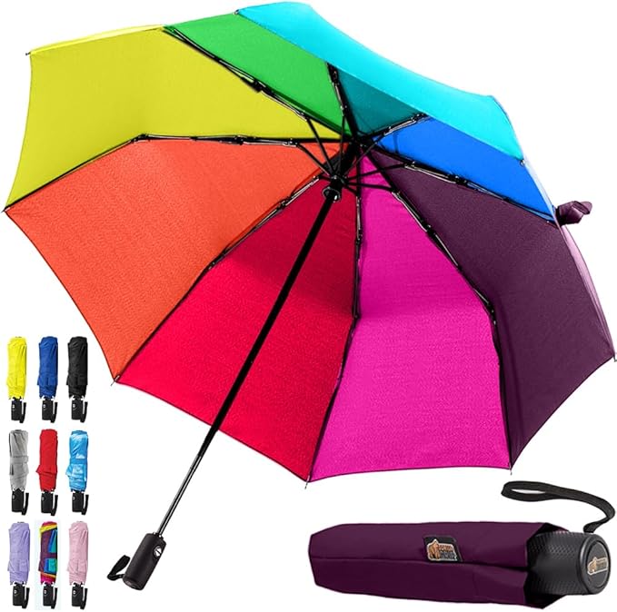 GORILLA GRIP Strong Stick Umbrella for Rain, Compact Travel One-Click Automatic Open Close, Lightweight, Portable, US Designed Reinforced Fiberglass Ribs, Wind Resistant, Easy Collapse, Rainbow