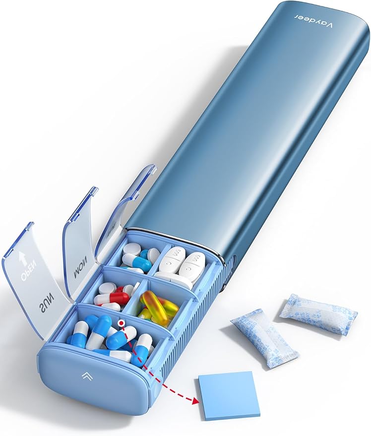 Vaydeer 7 Day Weekly Pill Organizer (Support 2 Times a Day), Metal Travel Pill Case, Large Capacity Daily Cute Pill Box for Supplements, Pills, Vitamins and Medication (Blue)