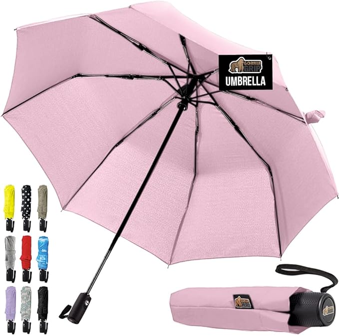 GORILLA GRIP Strong Stick Umbrella for Rain, Compact Travel One-Click Automatic Open Close, Lightweight, Portable, US Designed Reinforced Fiberglass Ribs, Wind Resistant, Easy Collapse, Pink