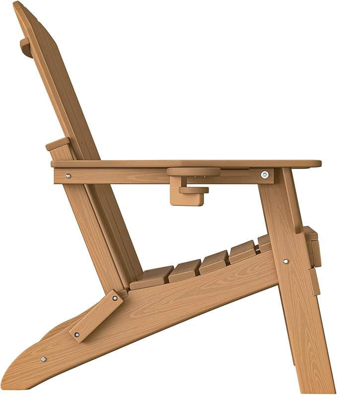 Folding Adirondack Chair - Extended Ergonomic Backrest, Cup Holder - Easy Assembly - Durable HDPE Plastic, Weather Resistant & Maintenance-Free - Lawn, Patio, Deck Supports 380lbs Teak