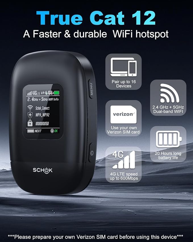 SCHOK 4G LTE Mobile Hotspot - Cat 12 Portable WiFi for Travel, Dual Bands (2.4GHz/5GHz), 600Mbps Download High Speed, Supports 16 Connected Devices, Compatible with Verizon & its MVNOs ONLY