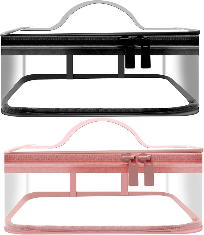 Clear Makeup Bags, 2 Pcs Transparent Cosmetic Bags, Pink, Black