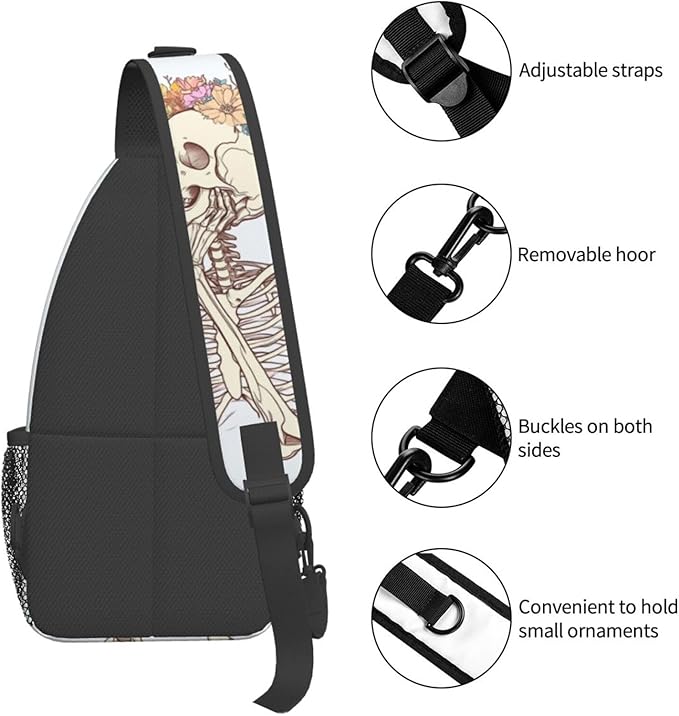 SUPLUCHOM Sling Bag Skeleton Flower Skull Hiking Daypack Crossbody Shoulder Backpack Travel Chest Pack for Men Women