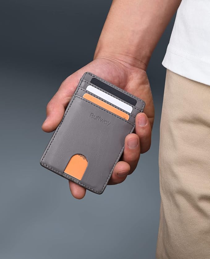 Buffway Mens Slim Wallet, Minimalist Thin Front Pocket Leather Credit Card Holder with RFID Blocking for Work Travel