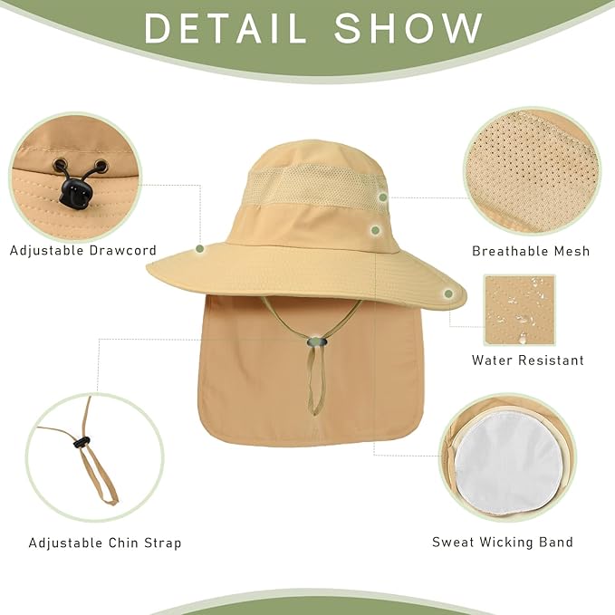 Fishing Hat Breathable Wide Brim Sun Hats with Neck Flap Bucket Hat Outdoor Safari Hat for Men Women UPF 50+ Sun Protection
