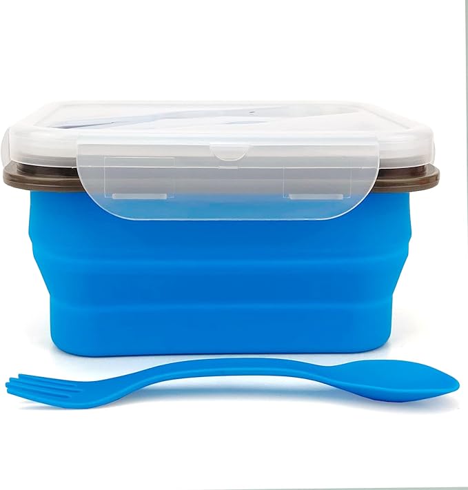 Small Silicone Collapsible Snacks Container with lid and 2 in 1 Spoon & Fork, Food Grade Silicone Bento Lunch Container, For Leftovers Meal Prep, Microwave/Freezer/Dishwasher Safe, 700ml
