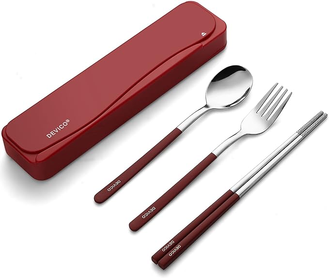 DEVICO Travel Utensils With Case, 18/8 Stainless Steel Camping Utensils, Reusable Portable Silverware Cutlery Set For Lunch Box, Include Fork Spoon Chopsticks