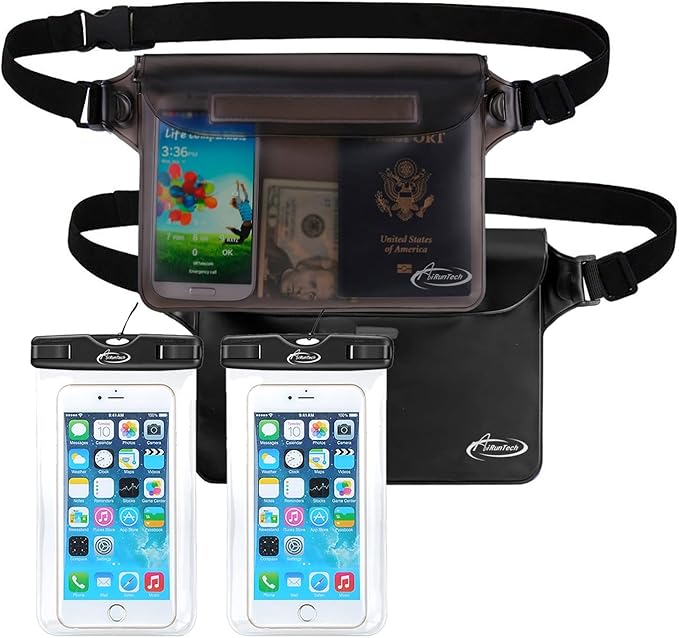 AiRunTech Waterproof Fanny Pack,Waterproof Phone Pouch for iPhone 15 14 13 12 11 Pro Max,IPX8 Waterproof Dry Bag for Snorkeling Beach Cruise Kayaking Pool Swimming(Two Phone Cases+Two Waist Bags Set)