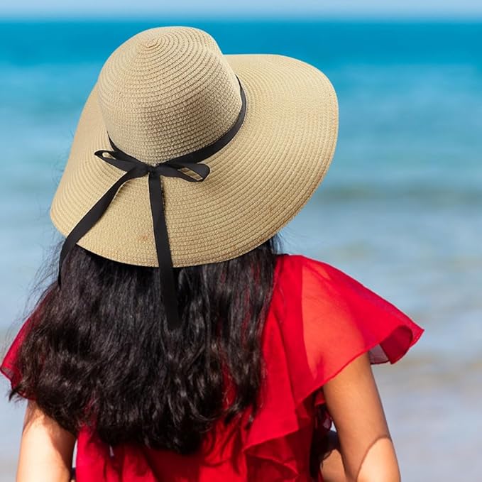 DRESHOW Beach Hats for Women Big Straw Wide Brim Summer Hat Floppy Foldable Roll up Cap Sun Hat UPF 50+
