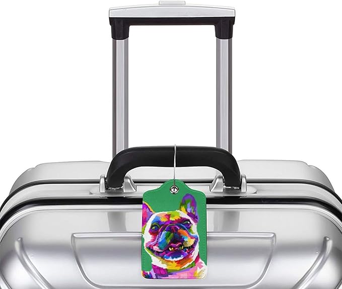 Cute French Bull Dog Luggage Tags for Boys Girls Adults, Set of 2 Stylish Art Colors Animal on Green Background Leather Stainless Steel Loop Label Tag for Travel Bag Suitcase
