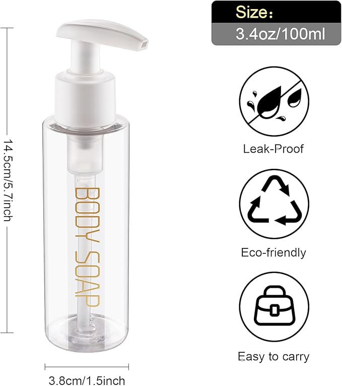 Travel Bottles Plastic Pump Bottle Dispenser Tsa Approved 3.4oz/100ml 4 Pack Refillable Shampoo and Conditioner Empty Travel Size for Cosmetic, Lotion, Liquid Soap (Clear)