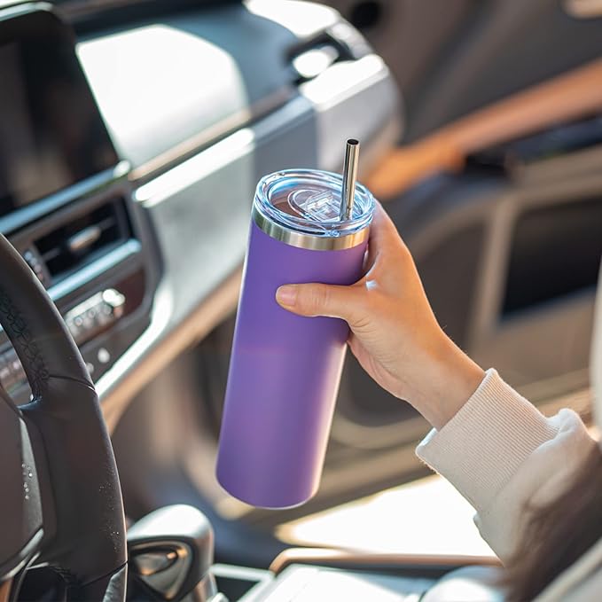 koodee Tumbler with Lid and Straw-20 oz Stainless Steel Vacuum Insulated Coffee Traver Mug for Women- Beach Cup Tumbler (Purple-Black)