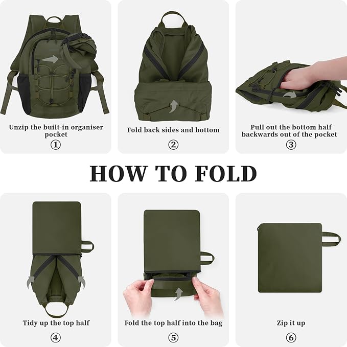 ZOMFELT Hiking Backpack for Women Men, 15L Lightweight Packable Backpacks for Trip, Water Resistant Small Travel Backpack, Foldable daypack for Hiking, Walking, Cycling, Camping, Green