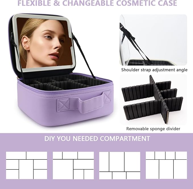 Travel Makeup Bag for Makeup Artists Large Makeup Case,with Mirror 3 Color Setting and Detachable 10x Magnifying Mirror Travel Makeup Bag,Portable Storage and Adjustable Dividers（Purple）