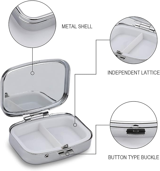 Metal 2 Compartment Pill Organizer Travel Friendly Portable Compact Pill Box Cute Pill Case to Hold Vitamins,Fish Oil,Supplements,Meds,Tablet for Purse,Pocket. (1492.)