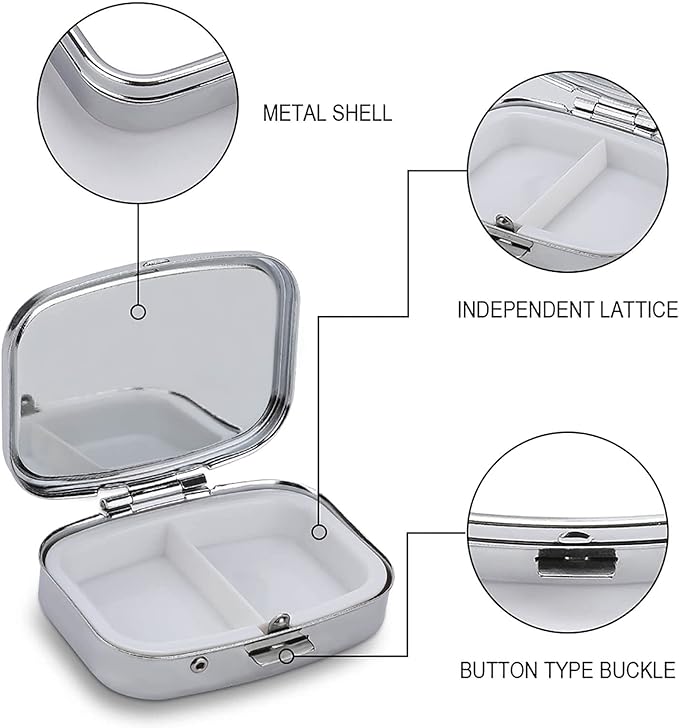 Metal 2 Compartment Pill Organizer Travel Friendly Portable Compact Pill Box Cute Pill Case,for Pocket Wallets Daily Portable Medicine Vitamin Tablet Storage (The Skeleton in The Center)