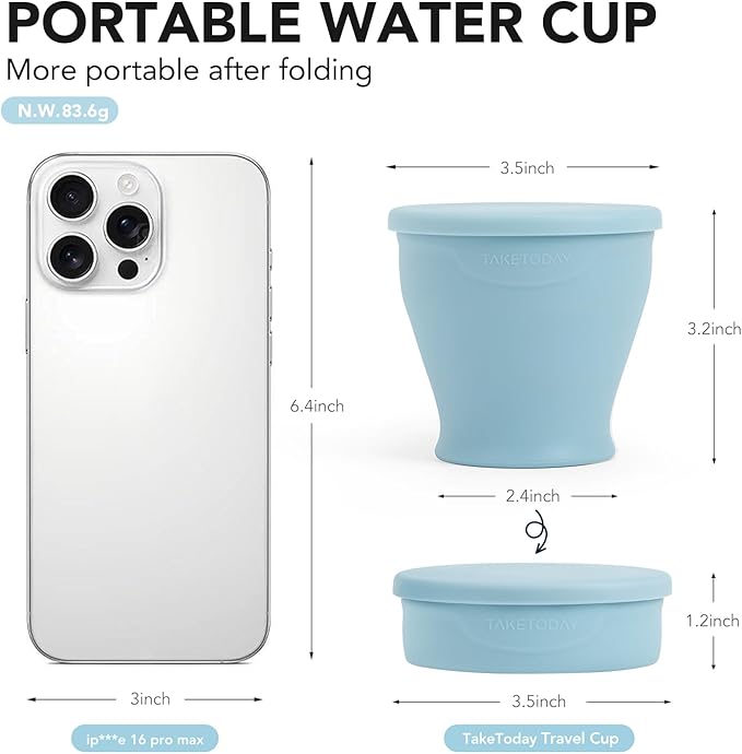 TakeToday Collapsible Travel Cup - Silicone Foldable Water Cup, BPA-Free with Lid & Waterproof Bag - Drinking Cup Set for Office, Camping & International Travel（8 Oz, Blue）
